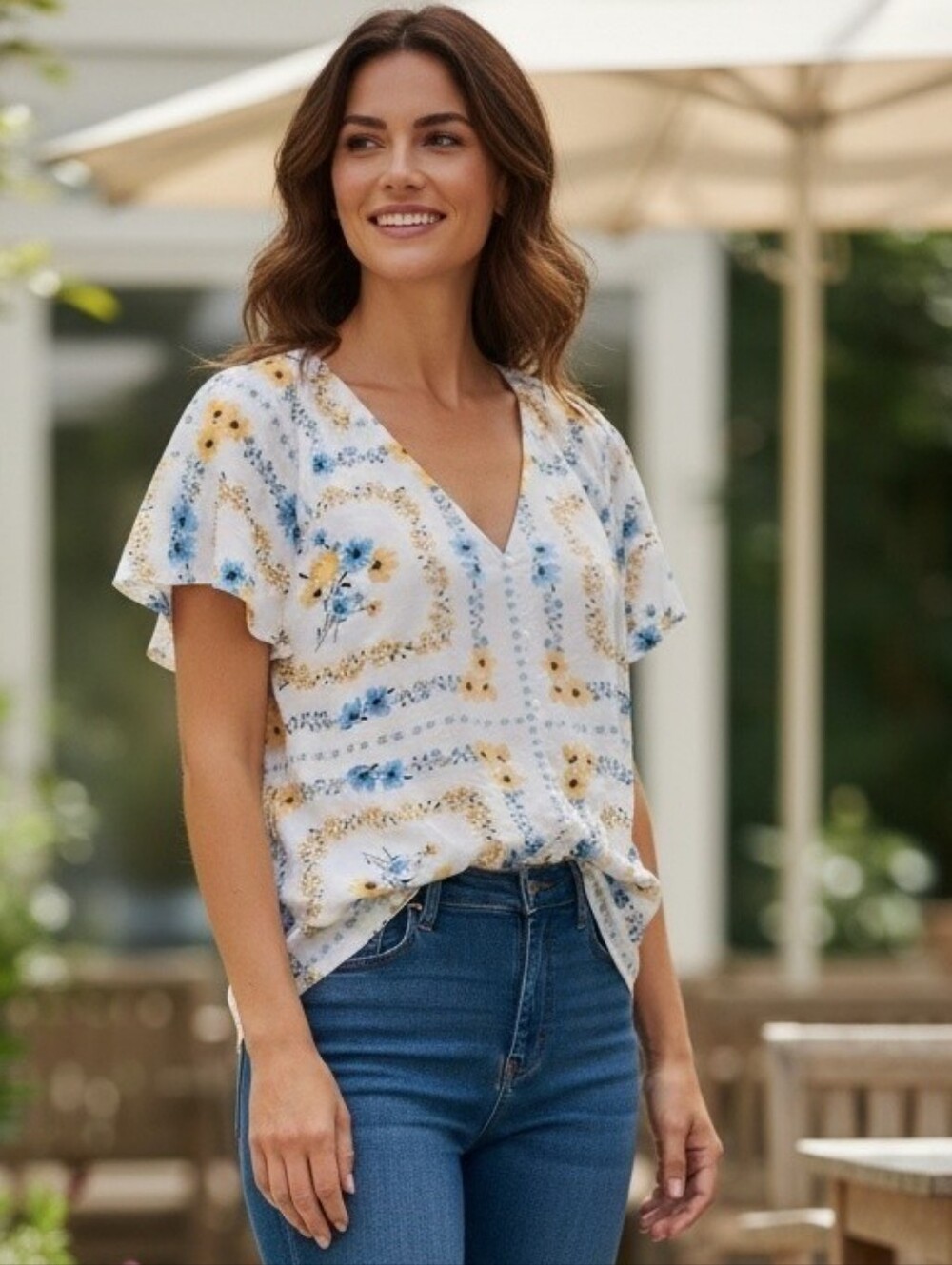 Ann Taylor Cotton White Floral V-Neck Short Sleeve Top - White & Blue